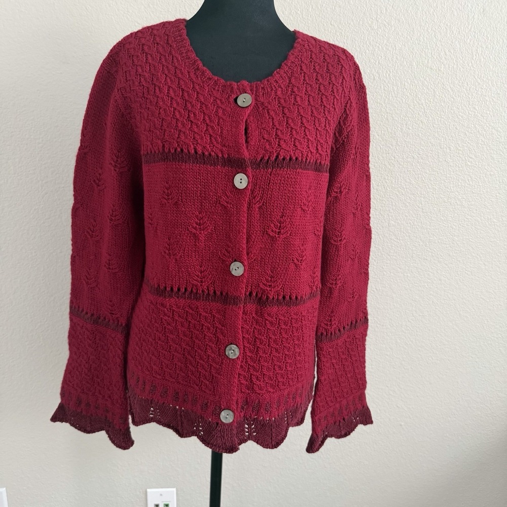 Vintage Medium J Jill 100% Wool Red Pointelle Knit Cardigan Scallop Sleeve